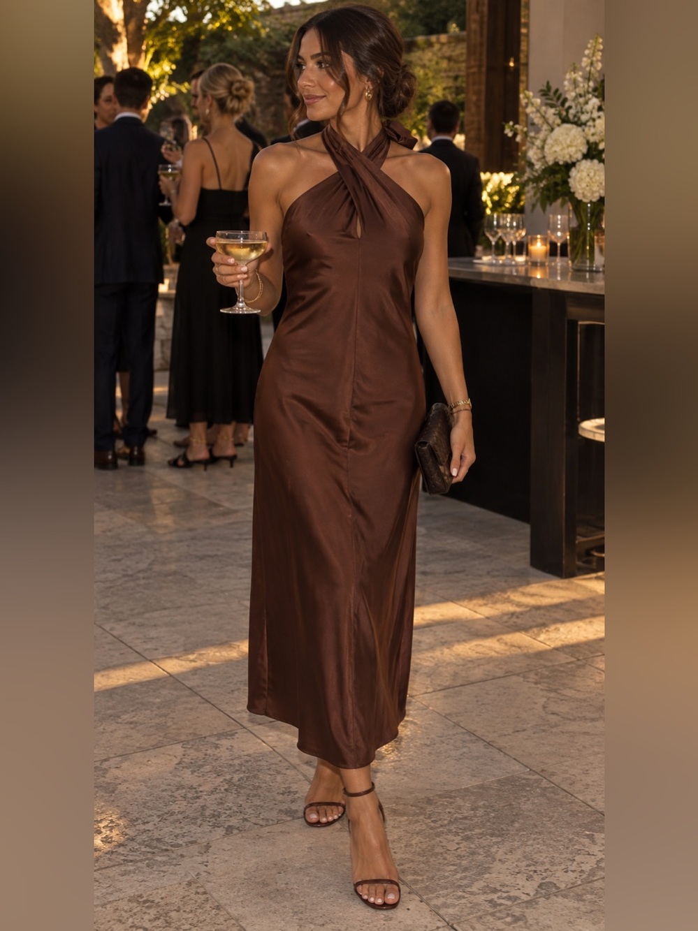 Express Chocolate Brown Satin Halter Long Dress Size S